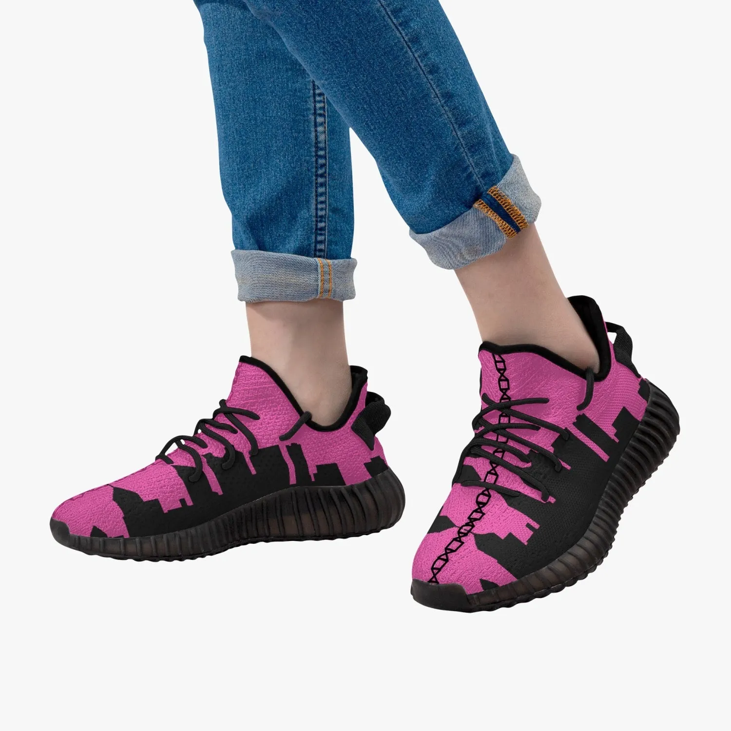 233. Neon Pink & Black Atlanta Skyline Adult Unisex Mesh Knit Sneakers