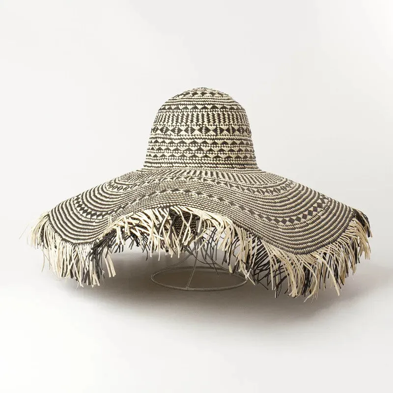 Black and White Large Brim Floppy Straw Summer Hats