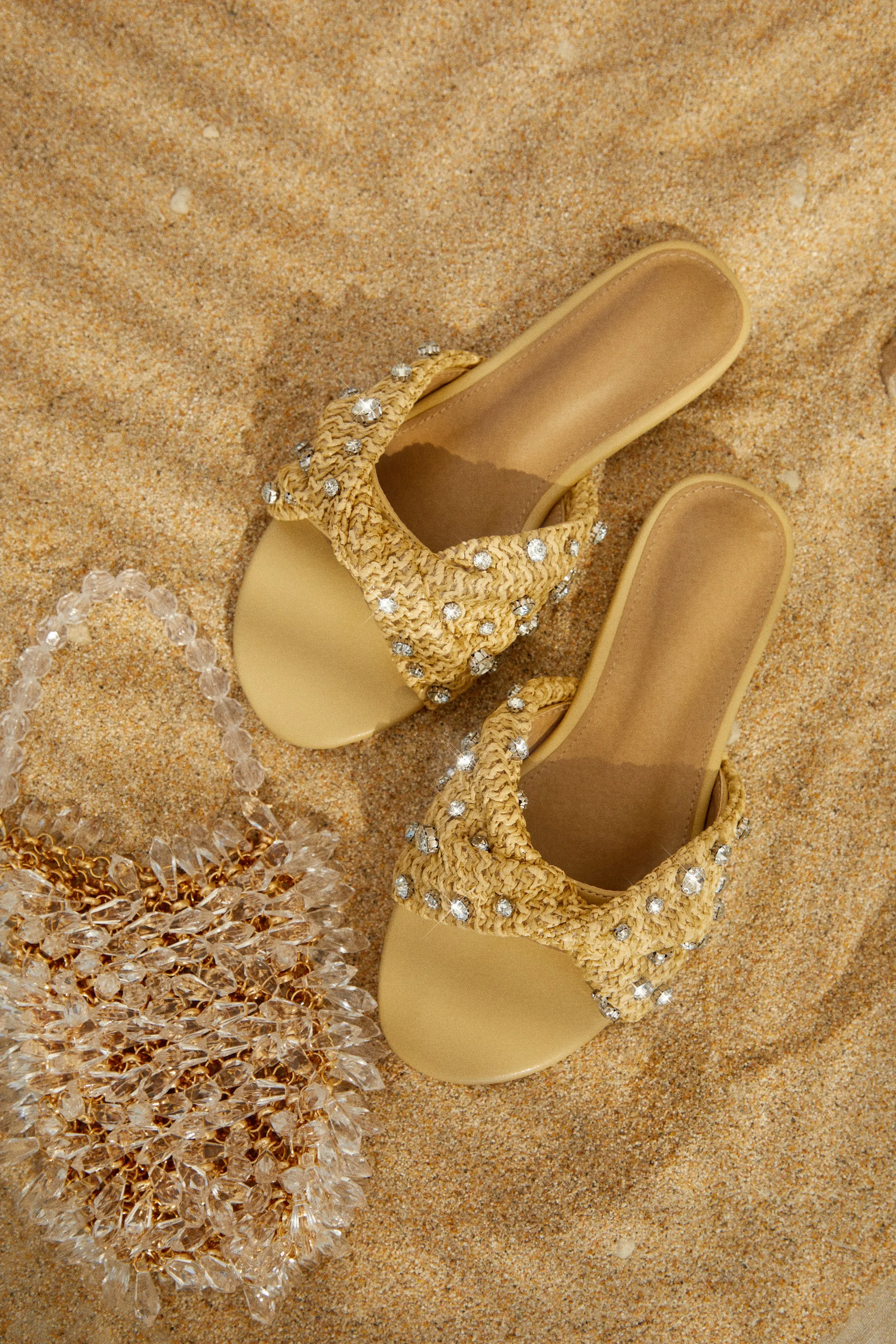 Cabana Sunsets Embellished Slip On Sandals - Nude