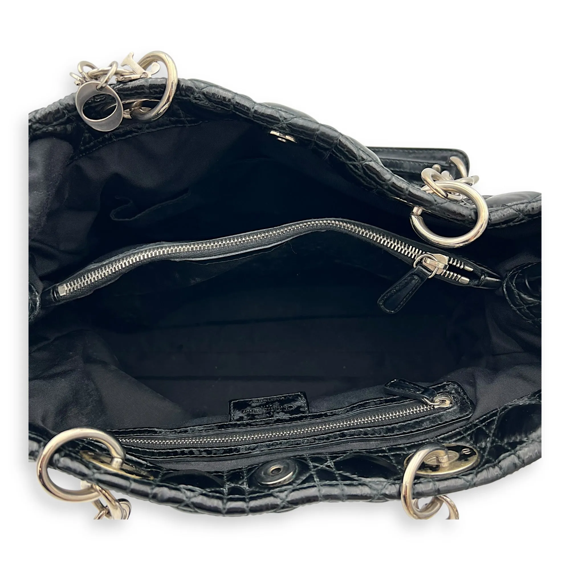 Cannage Tote Bag Black in Patent Leather, Silver hardware