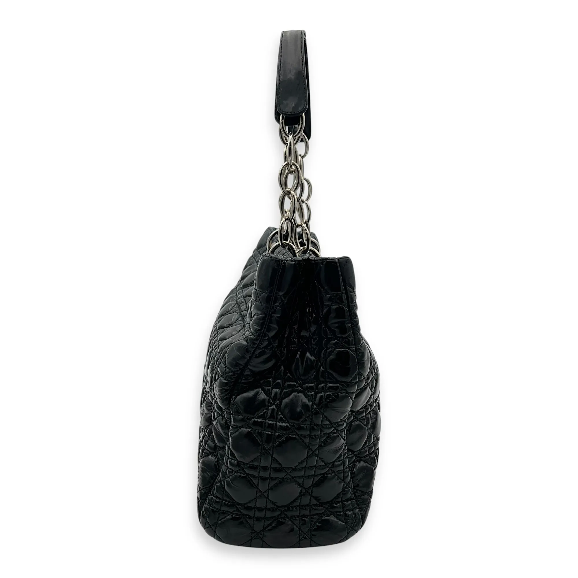 Cannage Tote Bag Black in Patent Leather, Silver hardware