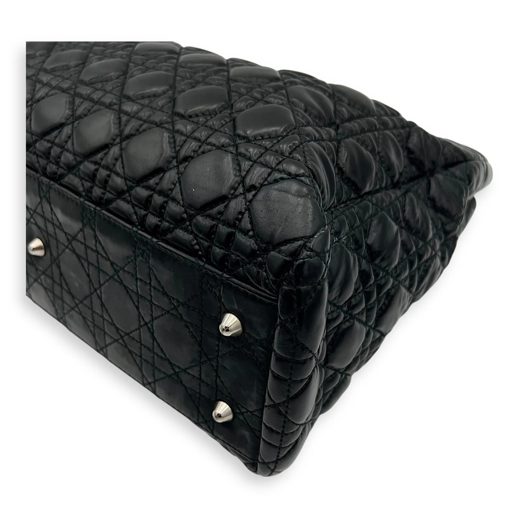 Cannage Tote Bag Black in Patent Leather, Silver hardware