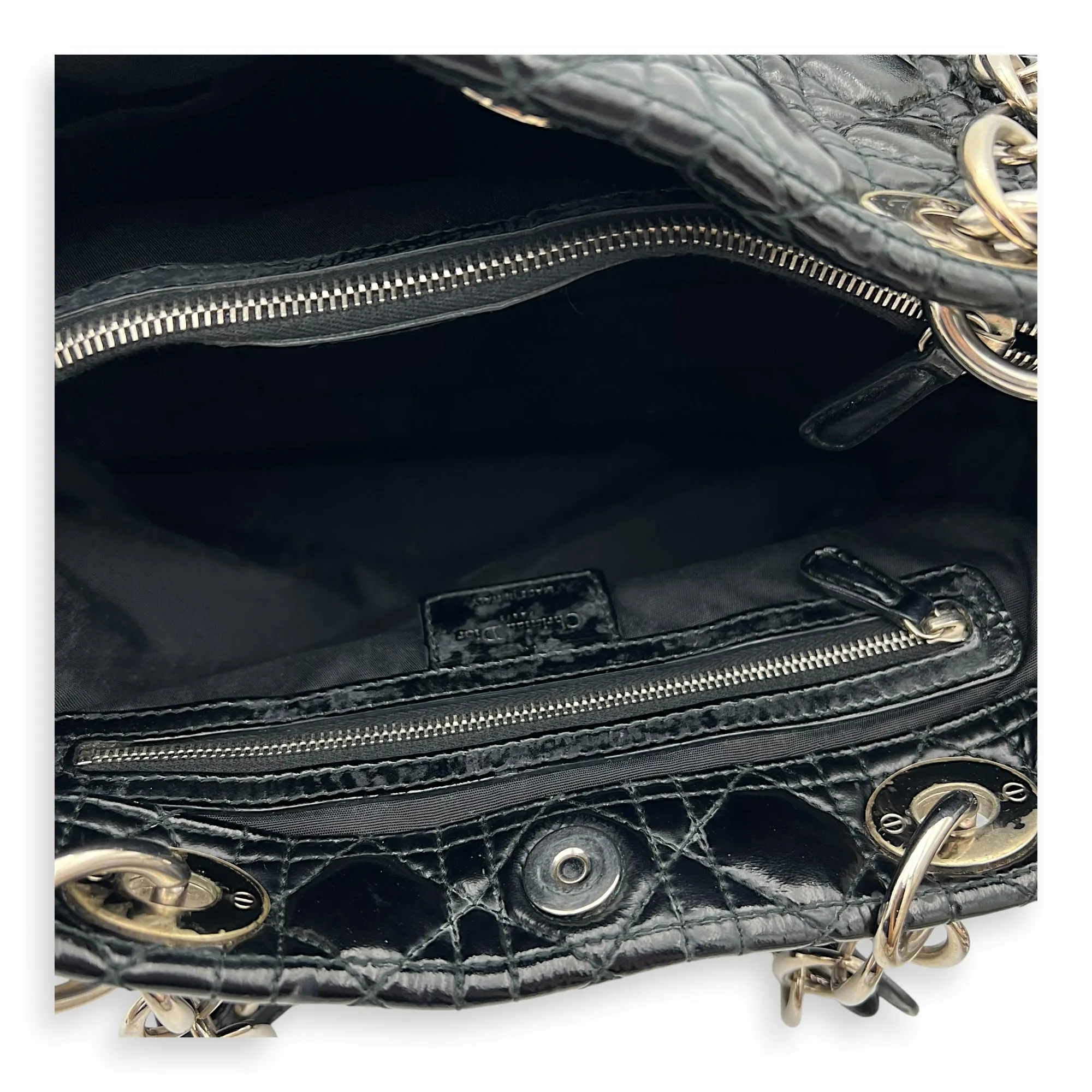 Cannage Tote Bag Black in Patent Leather, Silver hardware