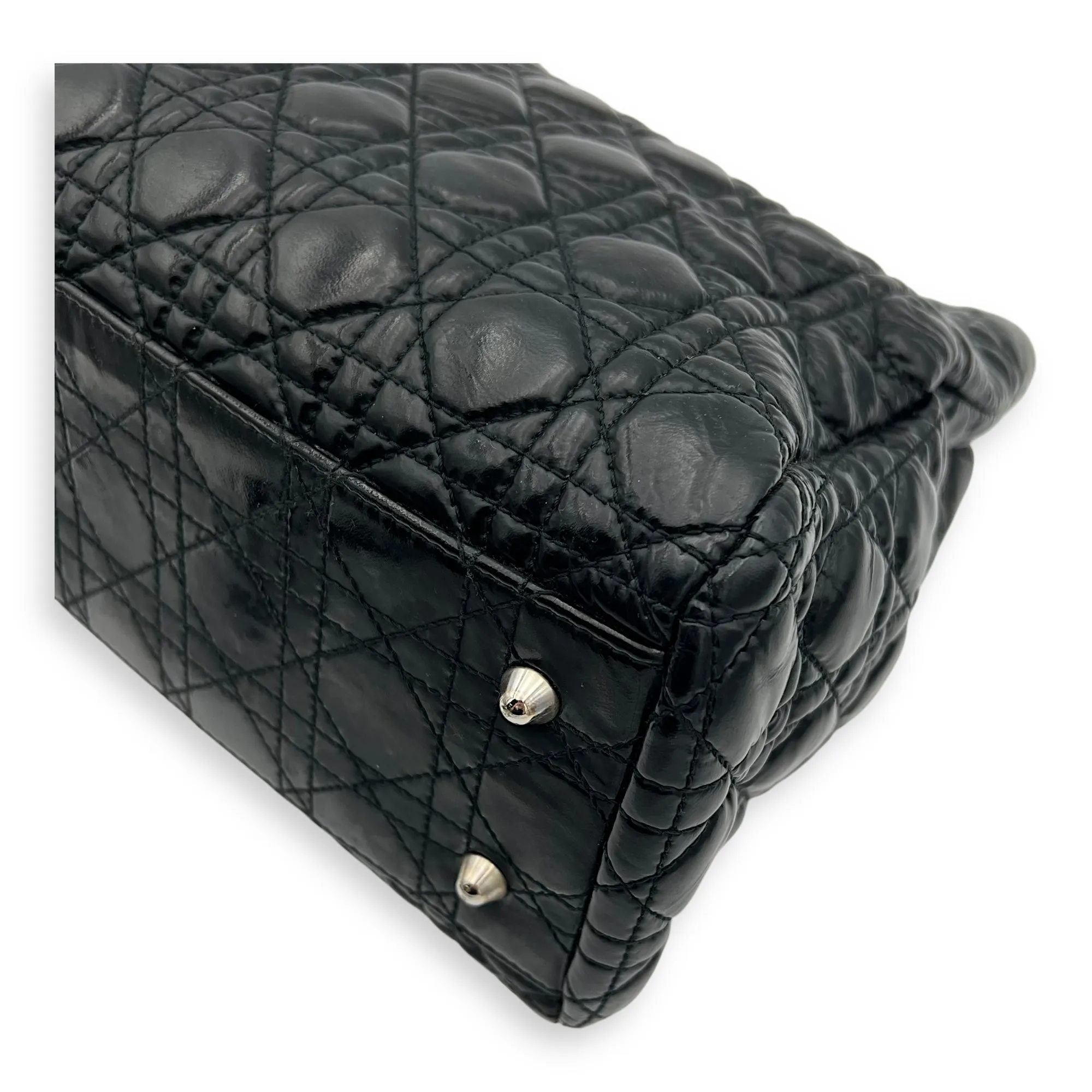 Cannage Tote Bag Black in Patent Leather, Silver hardware