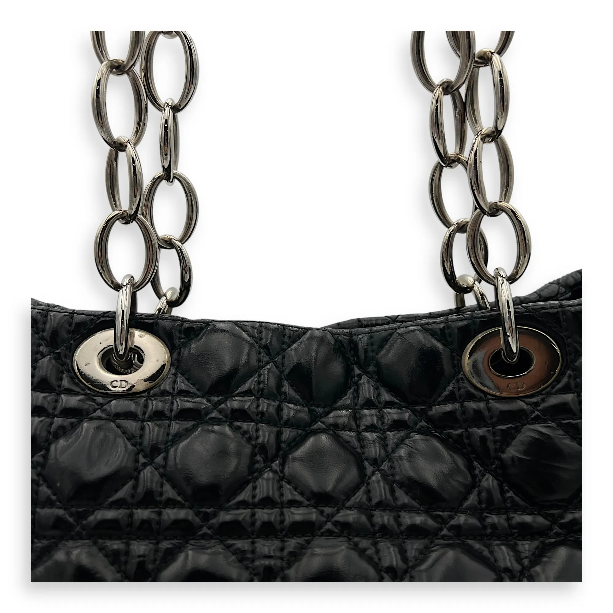 Cannage Tote Bag Black in Patent Leather, Silver hardware