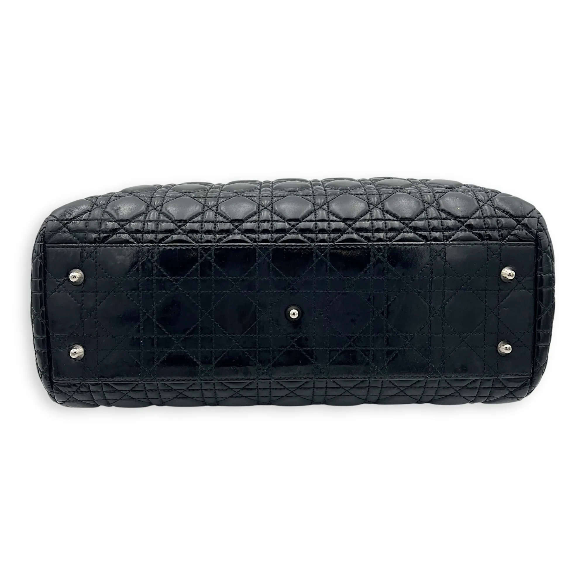 Cannage Tote Bag Black in Patent Leather, Silver hardware