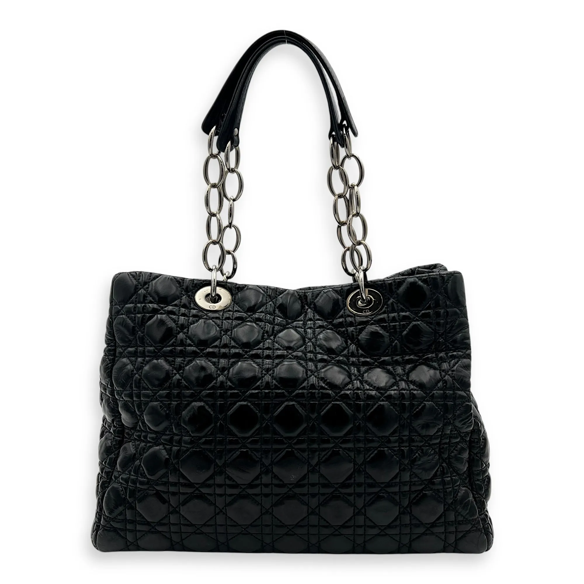 Cannage Tote Bag Black in Patent Leather, Silver hardware