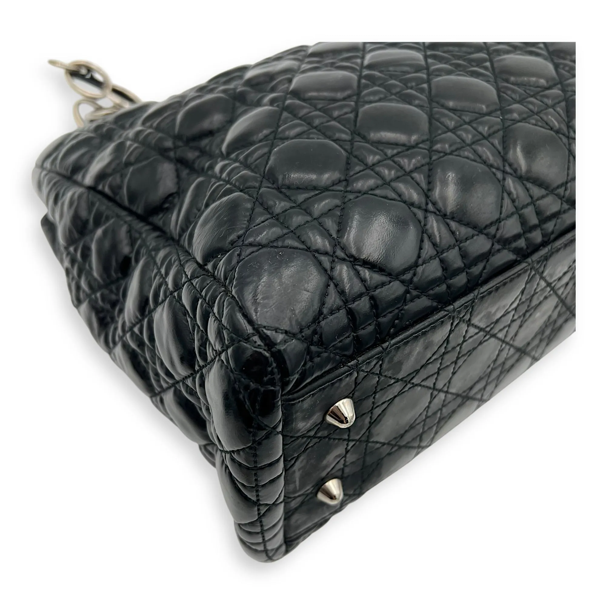 Cannage Tote Bag Black in Patent Leather, Silver hardware