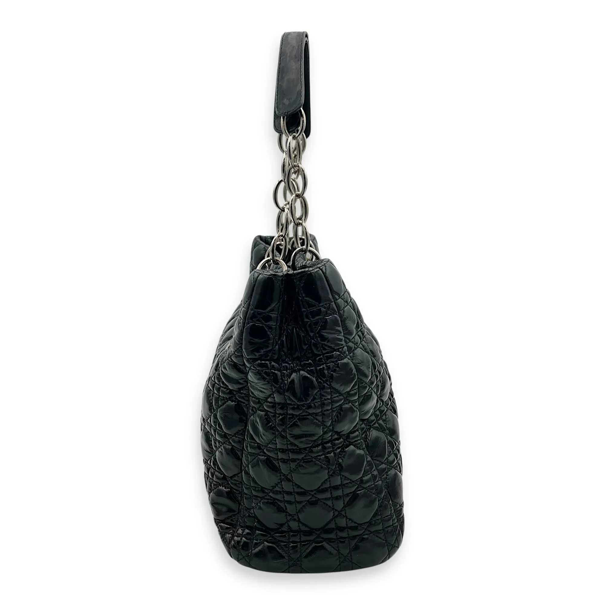 Cannage Tote Bag Black in Patent Leather, Silver hardware