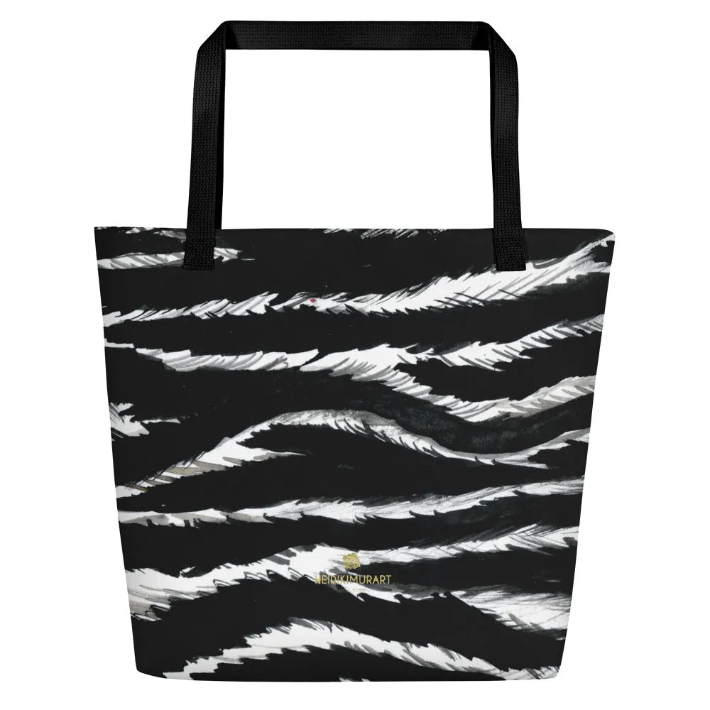 Chic Black Zebra Beach Bag, White Zebra Animal Pattern Print Large Tote 16"x20" Beach Bag- Made in USA/EU