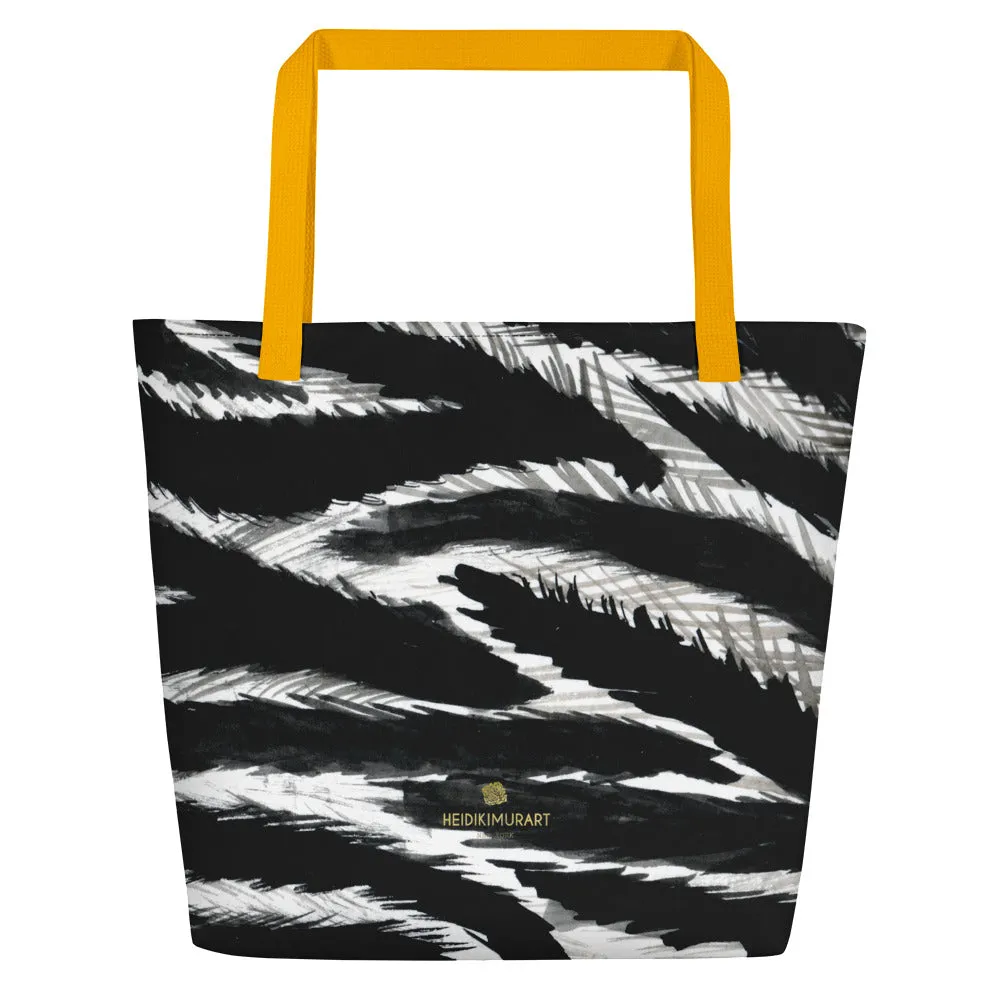 Chic Black Zebra Beach Bag, White Zebra Animal Pattern Print Large Tote 16"x20" Beach Bag- Made in USA/EU