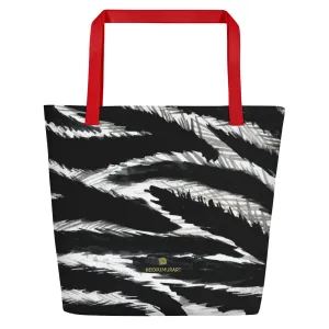 Chic Black Zebra Beach Bag, White Zebra Animal Pattern Print Large Tote 16"x20" Beach Bag- Made in USA/EU