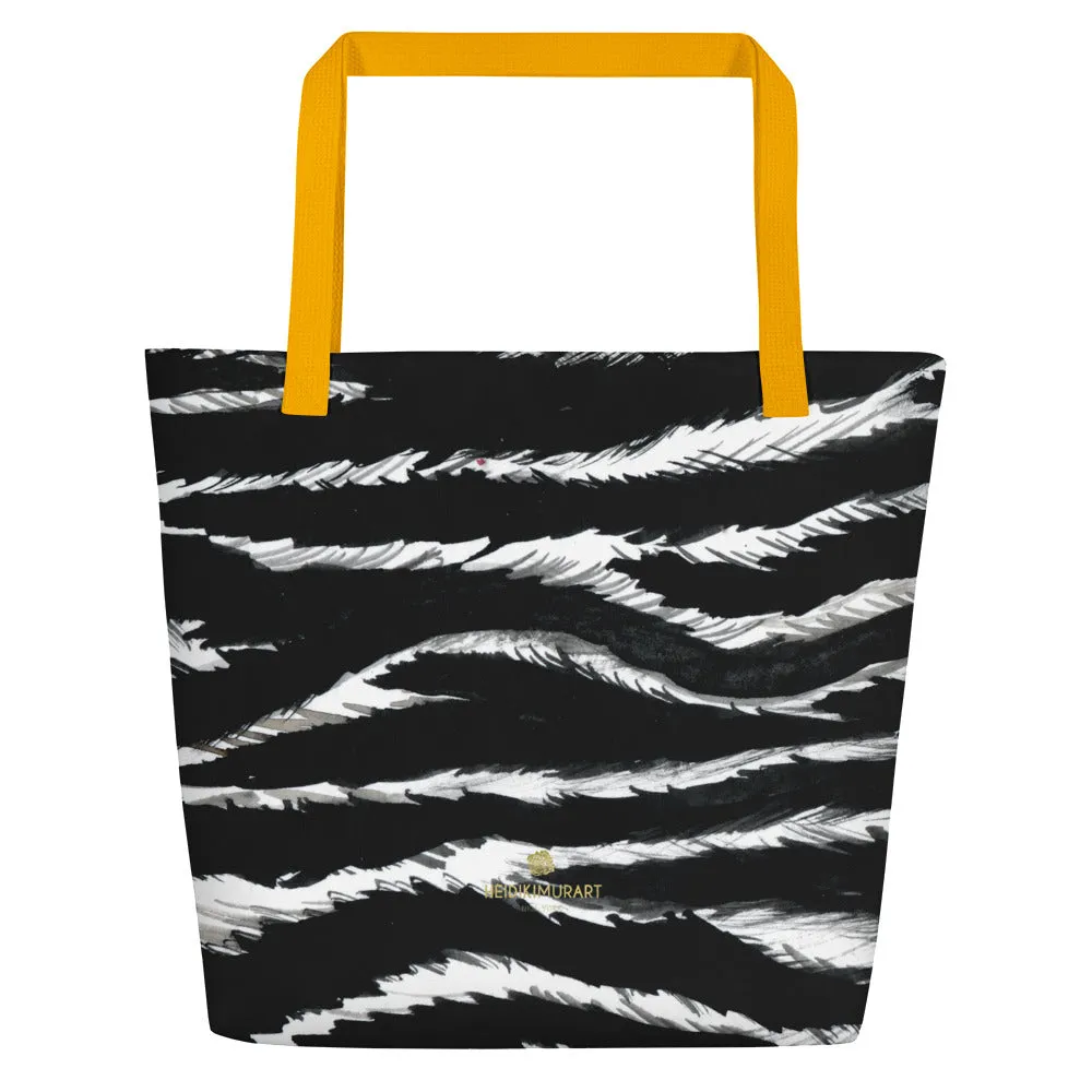 Chic Black Zebra Beach Bag, White Zebra Animal Pattern Print Large Tote 16"x20" Beach Bag- Made in USA/EU