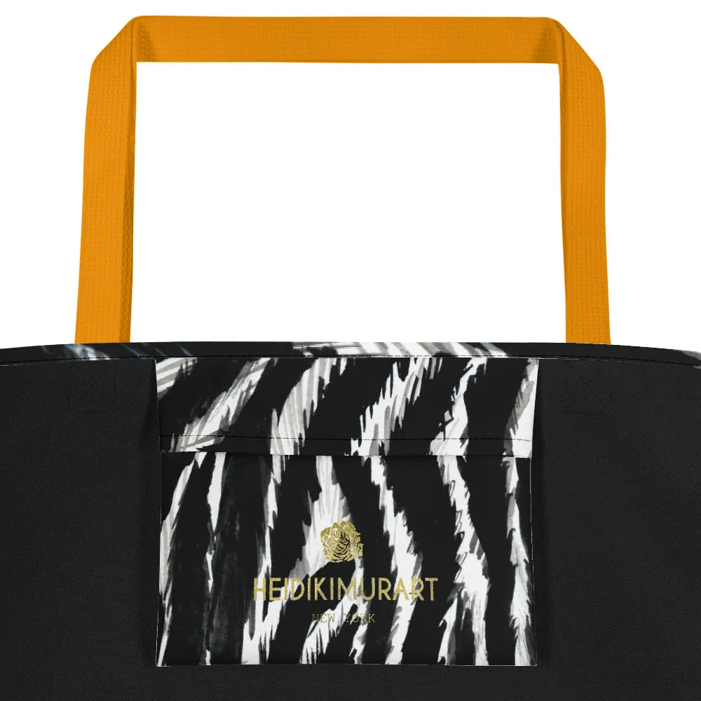 Chic Black Zebra Beach Bag, White Zebra Animal Pattern Print Large Tote 16"x20" Beach Bag- Made in USA/EU