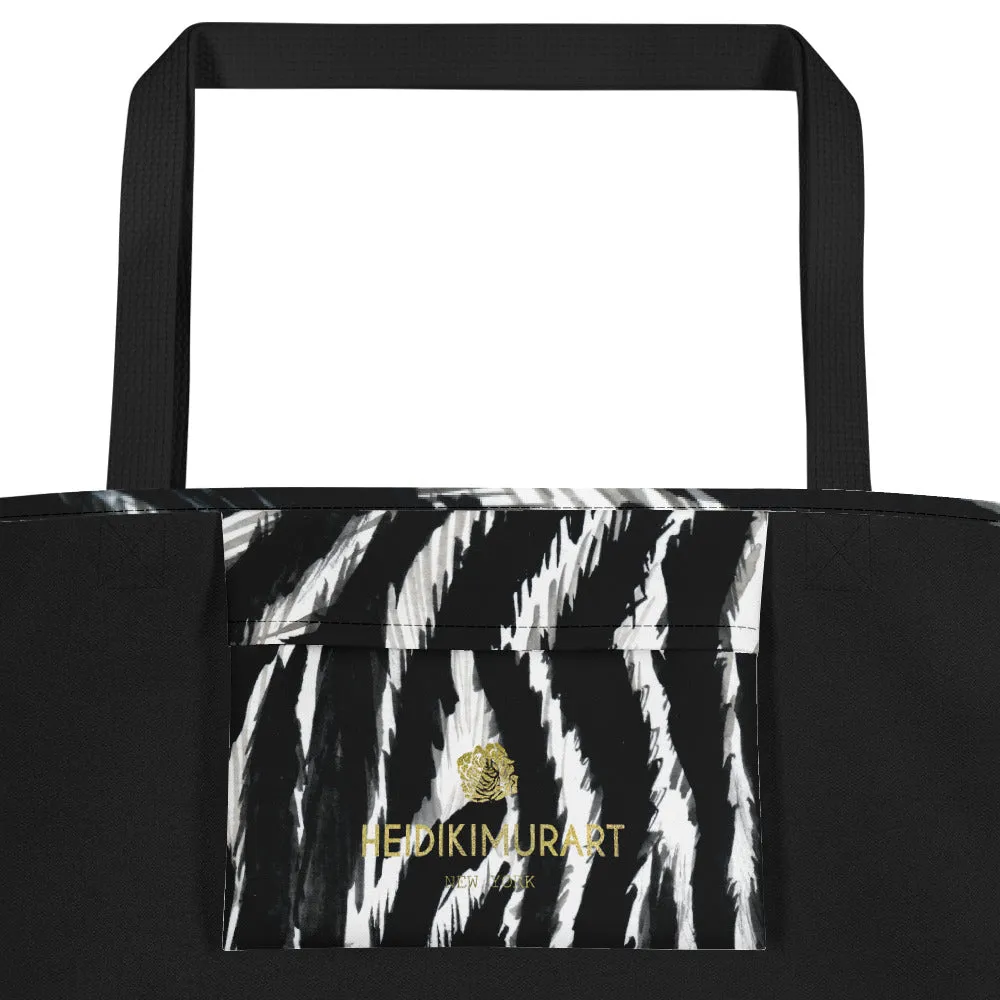 Chic Black Zebra Beach Bag, White Zebra Animal Pattern Print Large Tote 16"x20" Beach Bag- Made in USA/EU