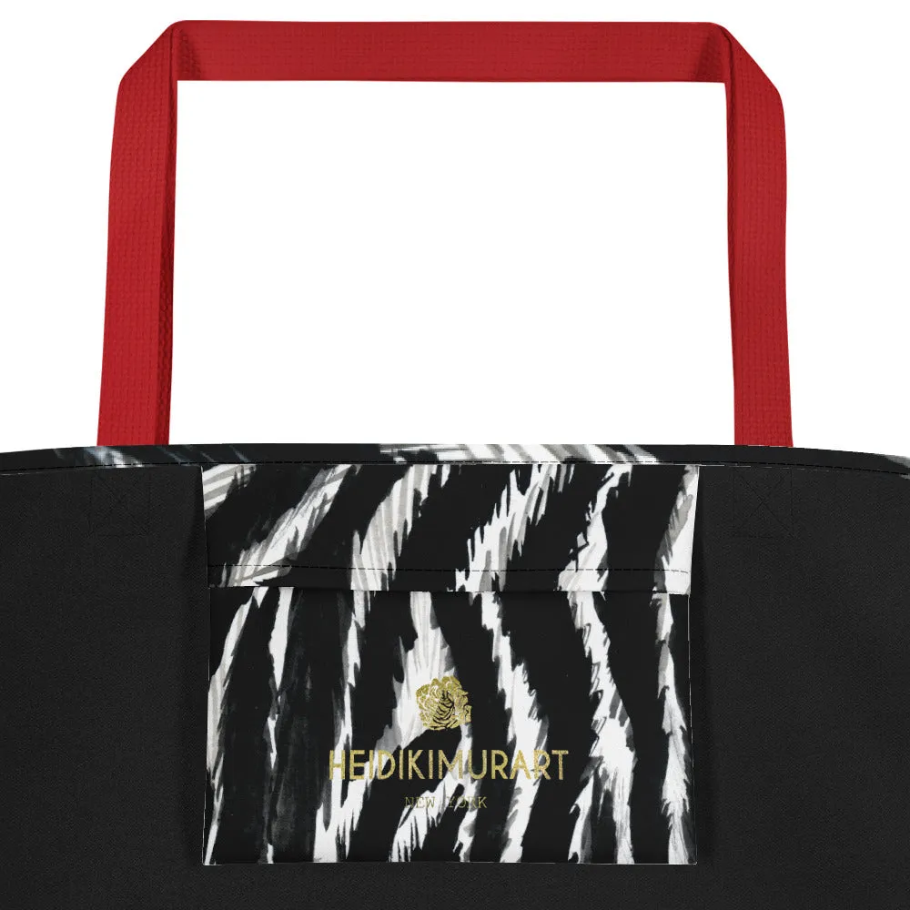 Chic Black Zebra Beach Bag, White Zebra Animal Pattern Print Large Tote 16"x20" Beach Bag- Made in USA/EU