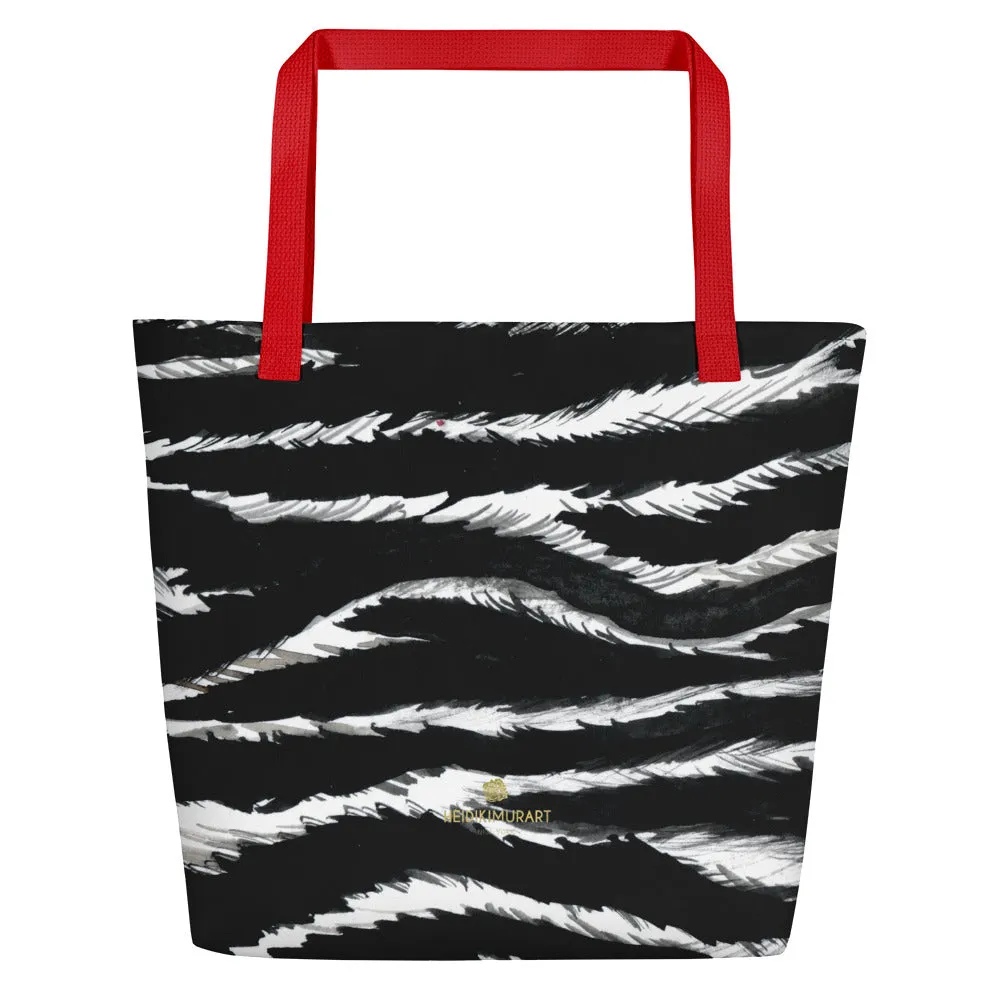Chic Black Zebra Beach Bag, White Zebra Animal Pattern Print Large Tote 16"x20" Beach Bag- Made in USA/EU