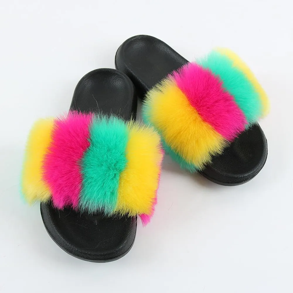 Chicvane New Women's Faux Fur Open Toe Colorful Vertical Stripes Soft House Slippers