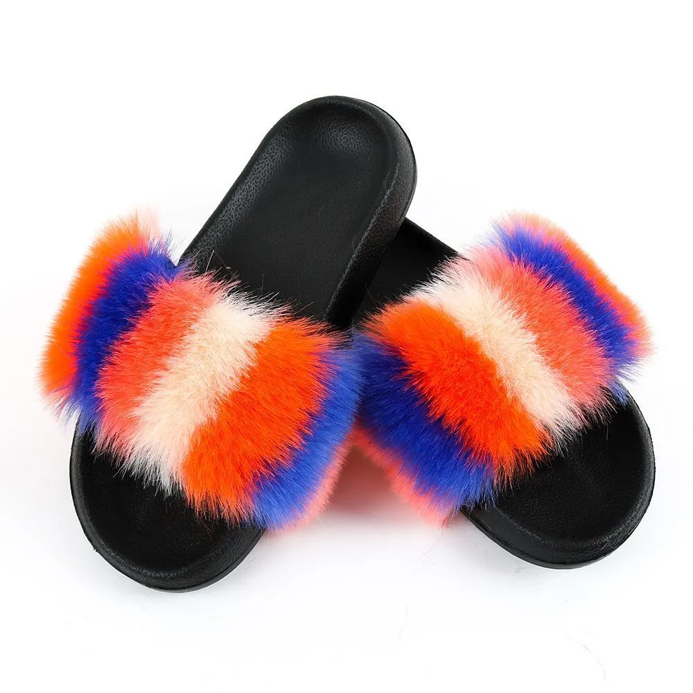 Chicvane New Women's Faux Fur Open Toe Colorful Vertical Stripes Soft House Slippers