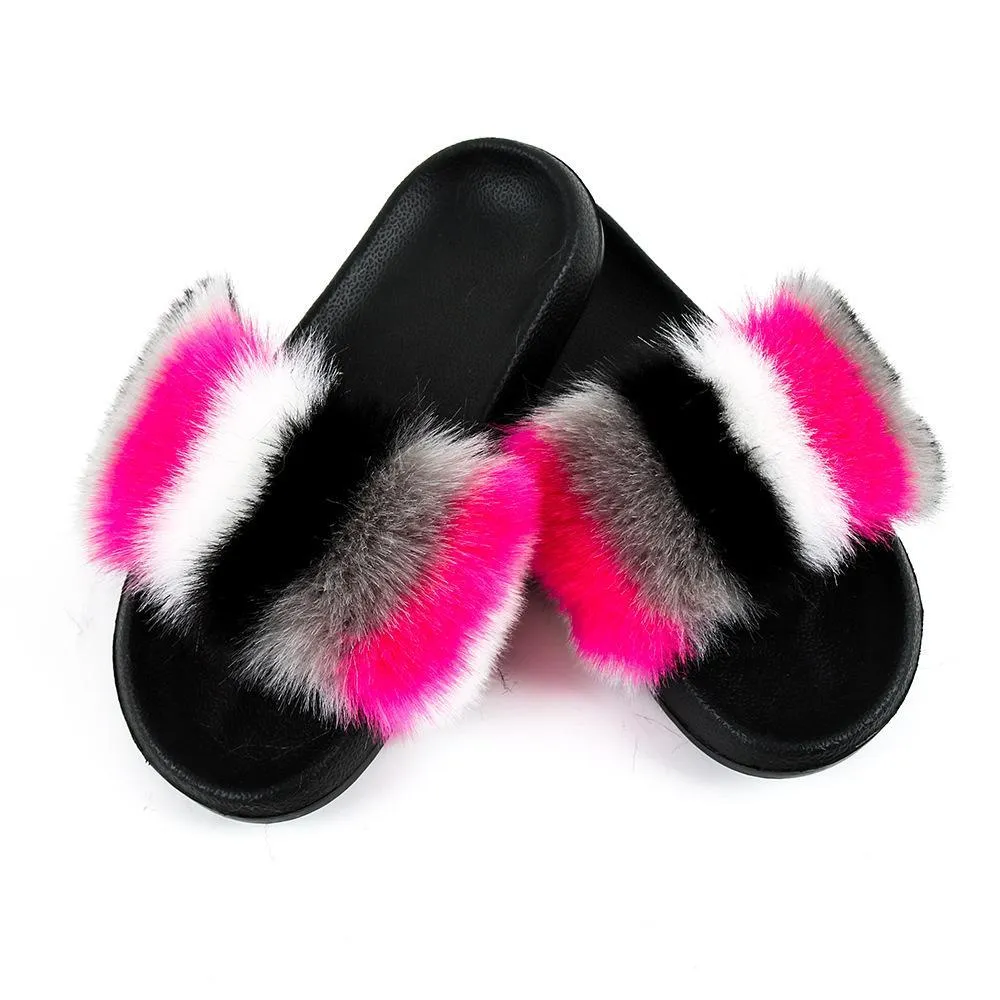 Chicvane New Women's Faux Fur Open Toe Colorful Vertical Stripes Soft House Slippers