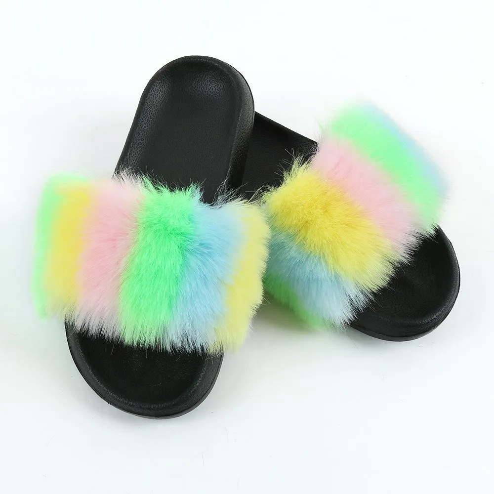 Chicvane New Women's Faux Fur Open Toe Colorful Vertical Stripes Soft House Slippers
