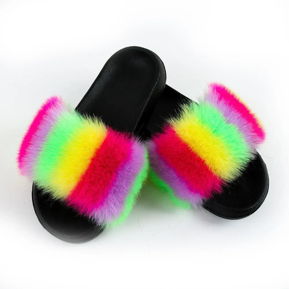 Chicvane New Women's Faux Fur Open Toe Colorful Vertical Stripes Soft House Slippers