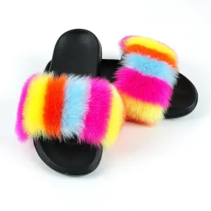 Chicvane New Women's Faux Fur Open Toe Colorful Vertical Stripes Soft House Slippers