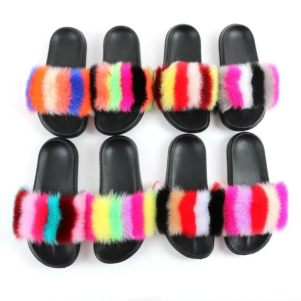 Chicvane New Women's Faux Fur Open Toe Colorful Vertical Stripes Soft House Slippers