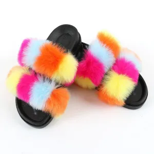 Chicvane New Women's Faux Fur Open Toe Vertical Stripes House Slippers Two Band Soft Slides