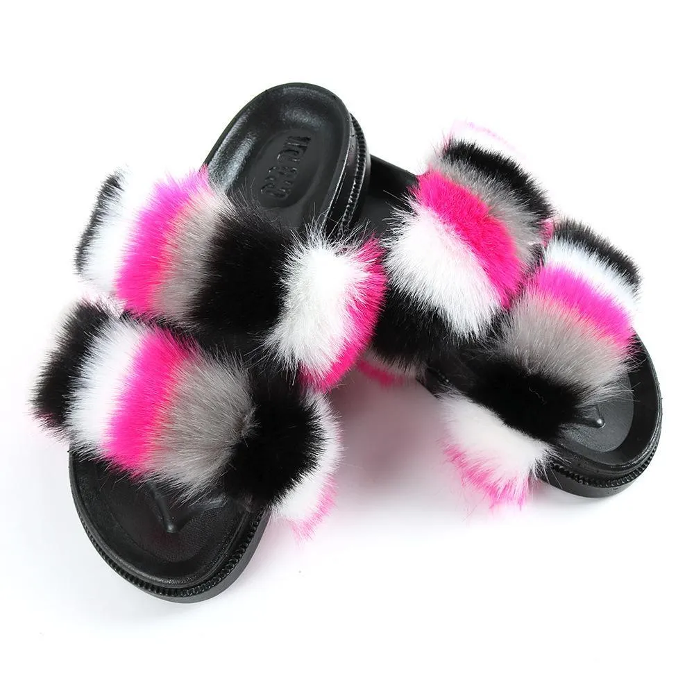 Chicvane New Women's Faux Fur Open Toe Vertical Stripes House Slippers Two Band Soft Slides