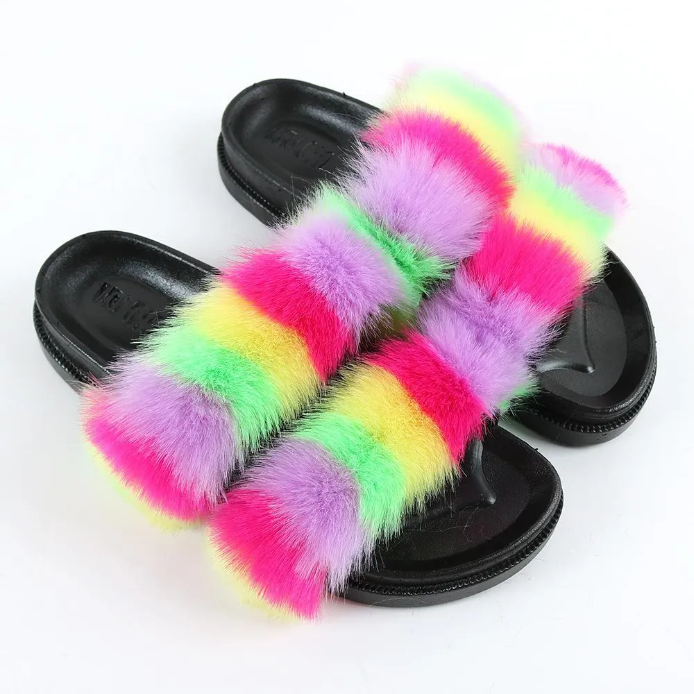 Chicvane New Women's Faux Fur Open Toe Vertical Stripes House Slippers Two Band Soft Slides