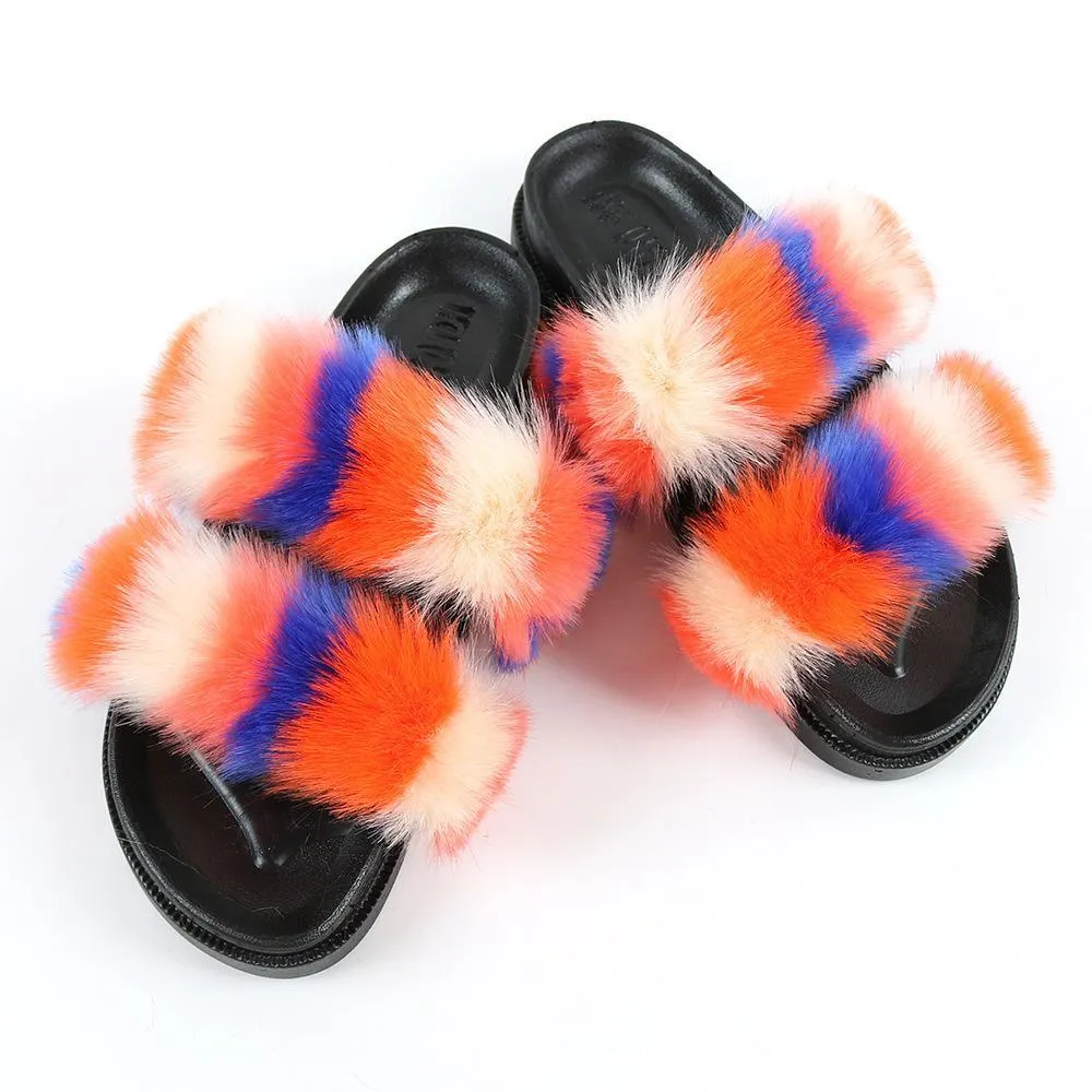 Chicvane New Women's Faux Fur Open Toe Vertical Stripes House Slippers Two Band Soft Slides