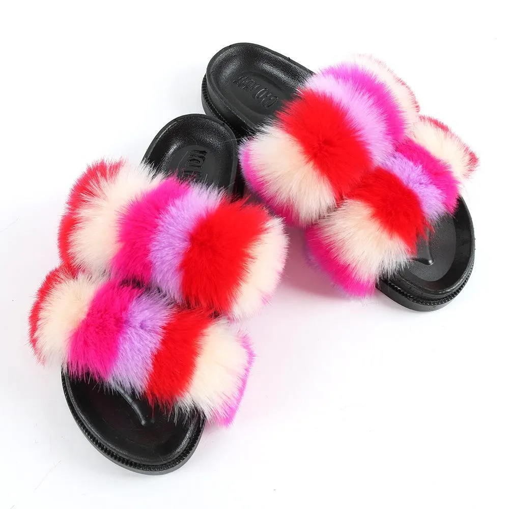 Chicvane New Women's Faux Fur Open Toe Vertical Stripes House Slippers Two Band Soft Slides
