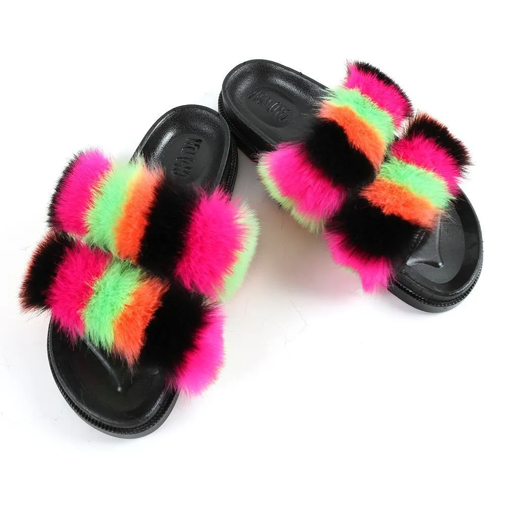 Chicvane New Women's Faux Fur Open Toe Vertical Stripes House Slippers Two Band Soft Slides