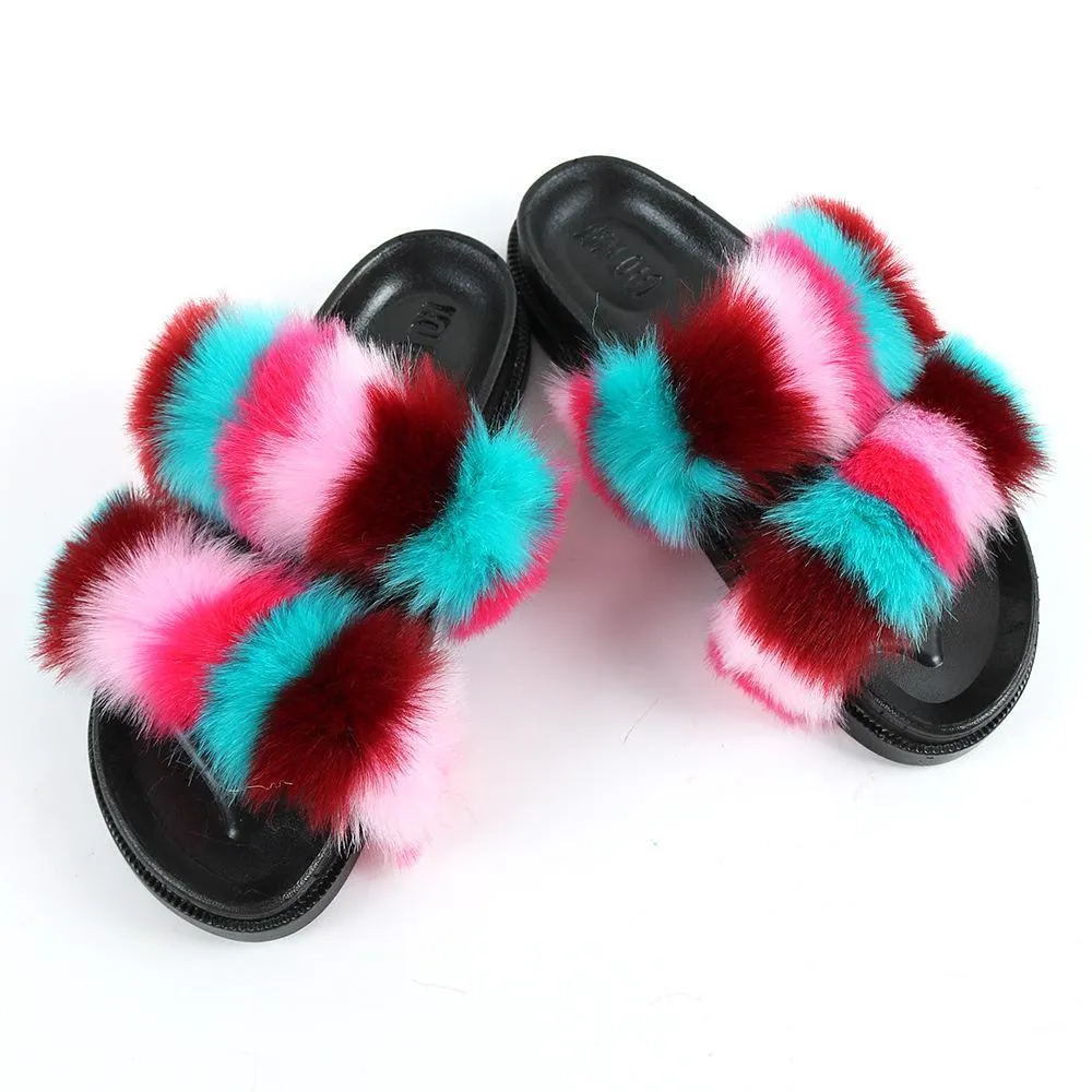 Chicvane New Women's Faux Fur Open Toe Vertical Stripes House Slippers Two Band Soft Slides