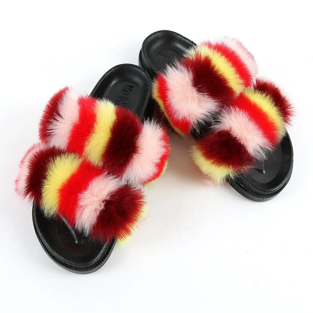 Chicvane New Women's Faux Fur Open Toe Vertical Stripes House Slippers Two Band Soft Slides