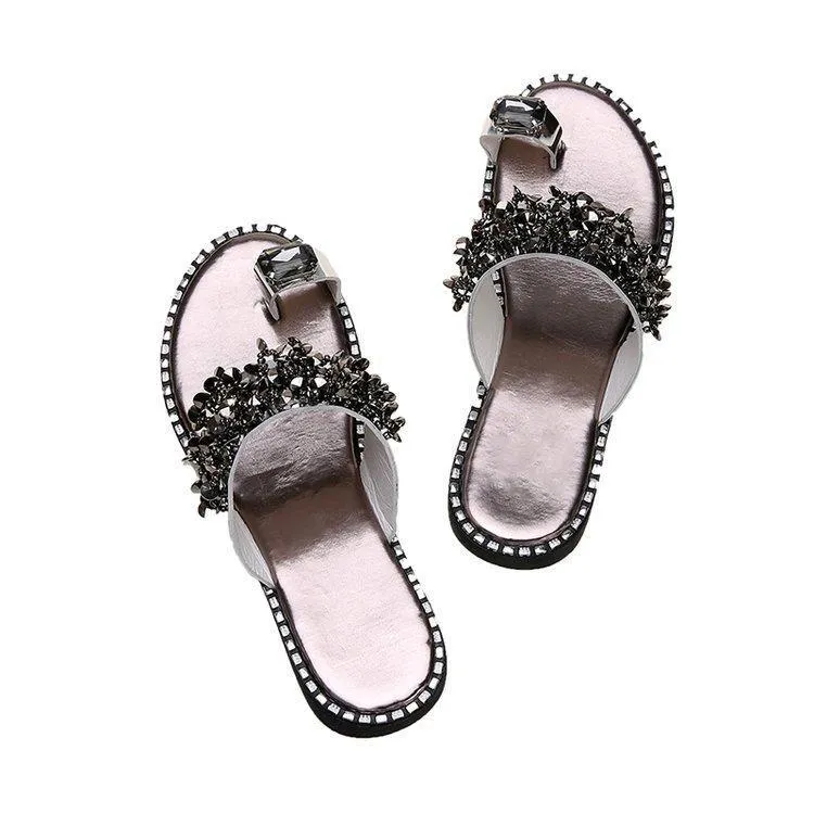 Chicvane Rhinestone  Flat Slides Shoes Toe-ring Thong Sandals