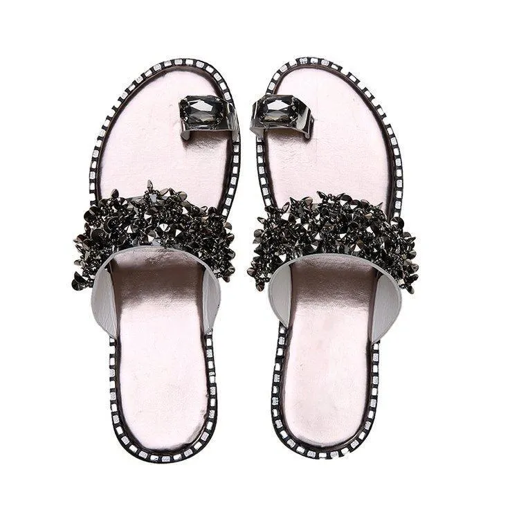 Chicvane Rhinestone  Flat Slides Shoes Toe-ring Thong Sandals