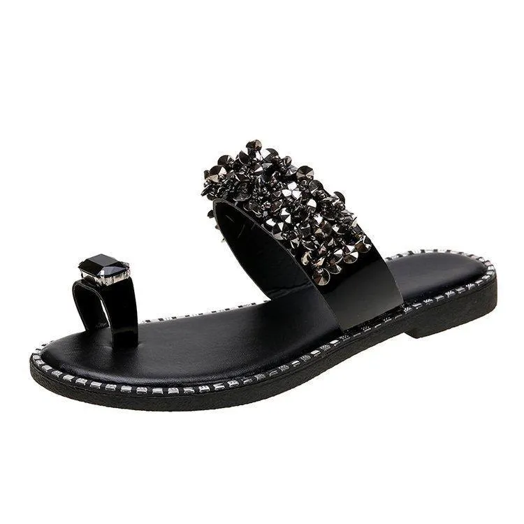 Chicvane Rhinestone  Flat Slides Shoes Toe-ring Thong Sandals