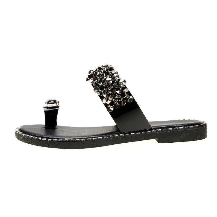 Chicvane Rhinestone  Flat Slides Shoes Toe-ring Thong Sandals