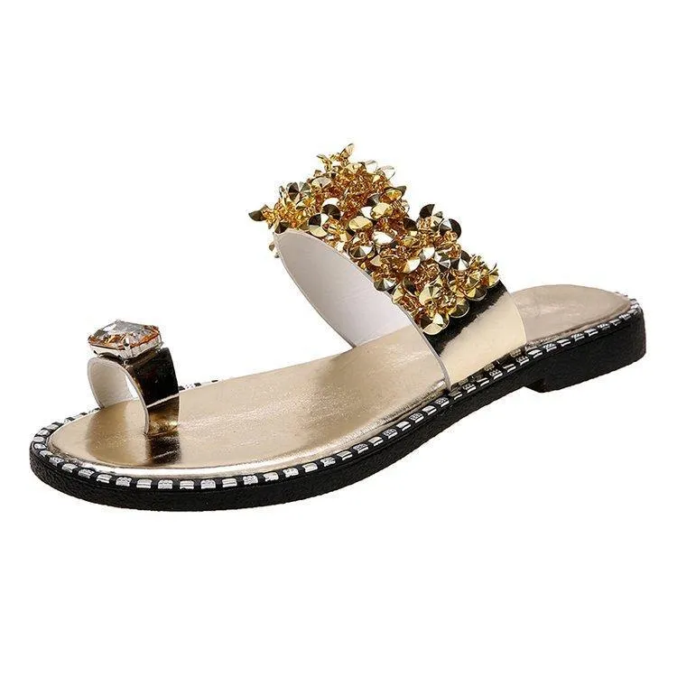 Chicvane Rhinestone  Flat Slides Shoes Toe-ring Thong Sandals