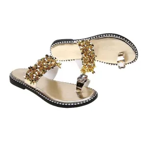 Chicvane Rhinestone  Flat Slides Shoes Toe-ring Thong Sandals
