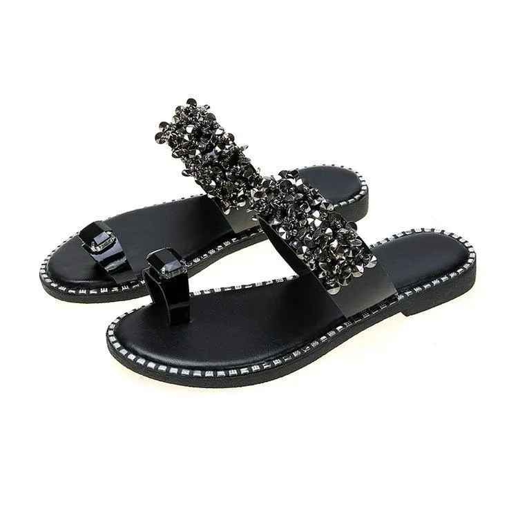 Chicvane Rhinestone  Flat Slides Shoes Toe-ring Thong Sandals