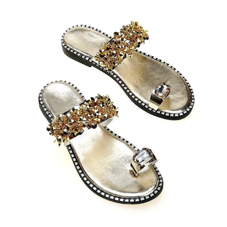 Chicvane Rhinestone  Flat Slides Shoes Toe-ring Thong Sandals