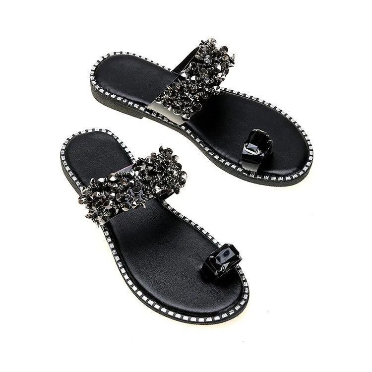 Chicvane Rhinestone  Flat Slides Shoes Toe-ring Thong Sandals