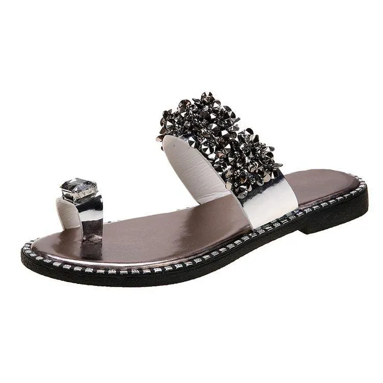 Chicvane Rhinestone  Flat Slides Shoes Toe-ring Thong Sandals