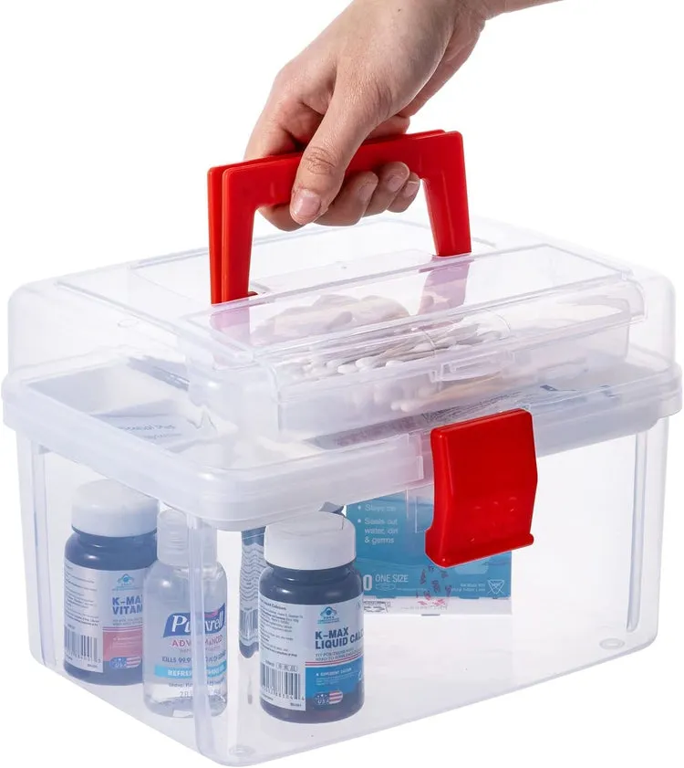 Clear First Aid Bin with Detachable Tray, Portable Emergency Kit, Medicine and Medical Supply Travel Tote, Arts & Craft Storage Box