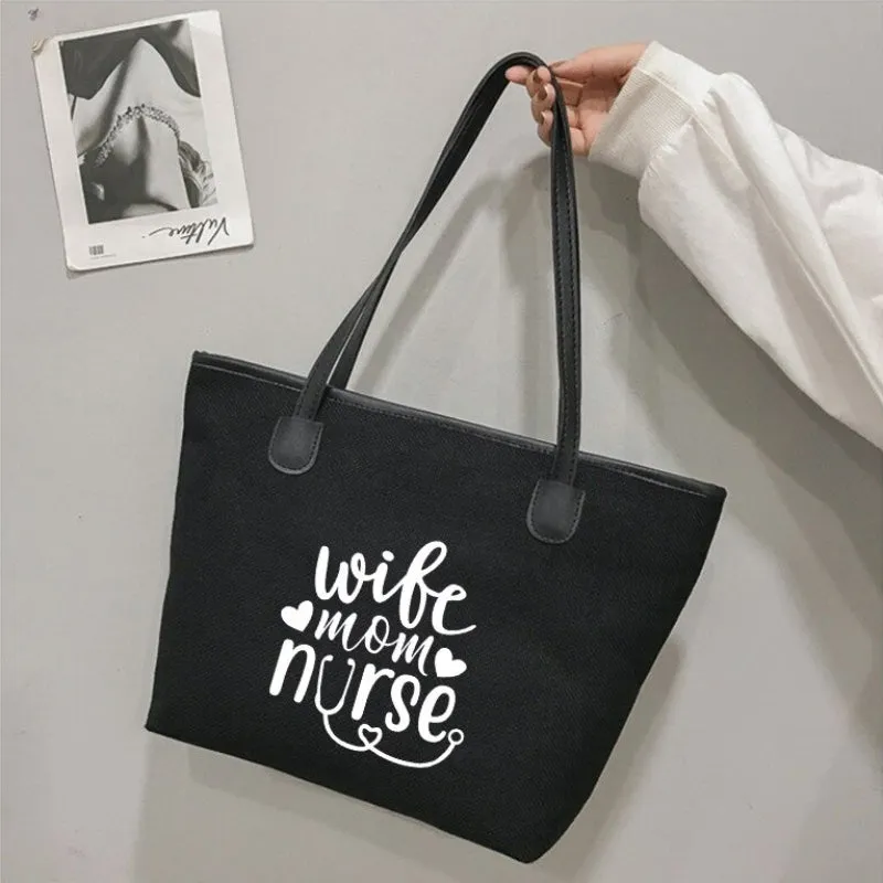 Cute Large Capacity Zippered Nurse Print Canvas Shoulder Tote Bags