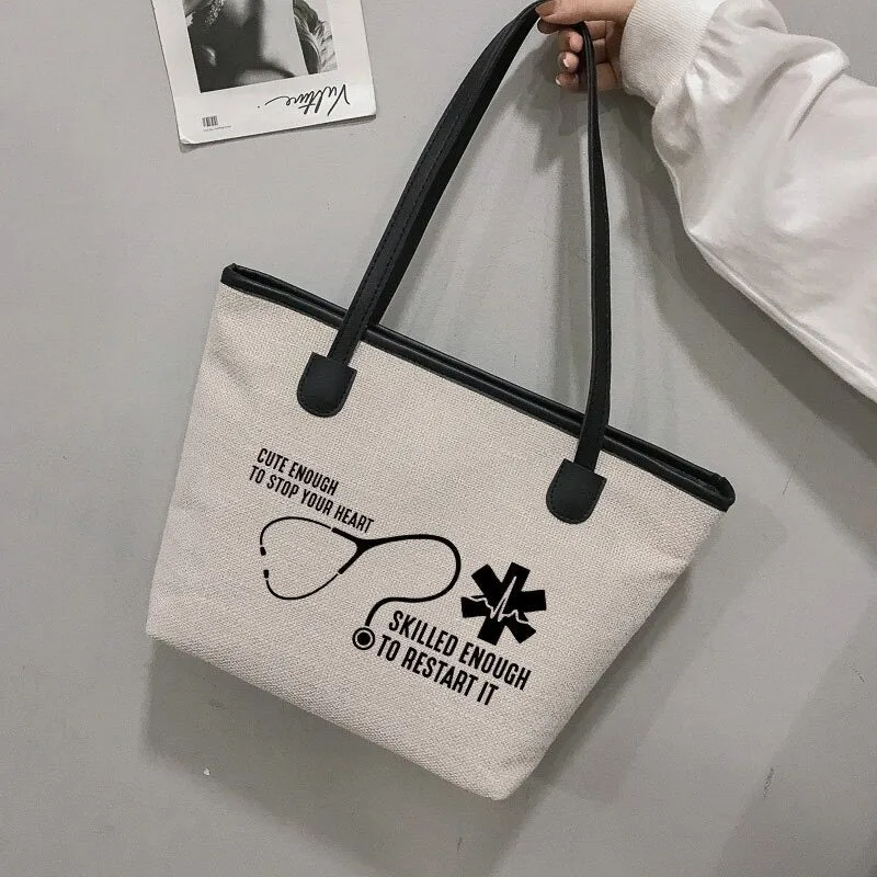 Cute Large Capacity Zippered Nurse Print Canvas Shoulder Tote Bags