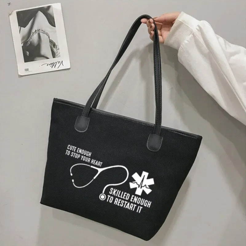 Cute Large Capacity Zippered Nurse Print Canvas Shoulder Tote Bags